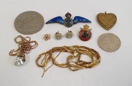9ct gold flat chain necklace (damaged), 7g approx., a silver and enamel RAF badge, a gold-coloured