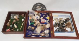 Mixed lot of collectables to include miniature buttons, silk cigarette cards, silver plated