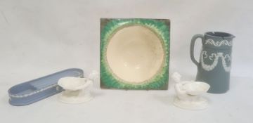 Pair of Royal Doulton dishes modelled as mermen holding shells, 10cm high, a Clarice Cliff pottery