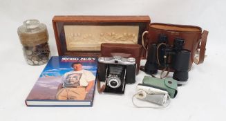 Glass jar and contents of mixed coinage, a pair of binoculars in leather case, a Zeiss Ikon