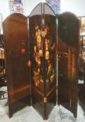 Victorian four-fold draught screen painted with still life floral study, on a brown ground