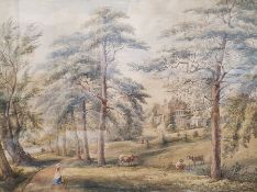 19th century English school Pair of watercolours  Country house with cattle and figures, unsigned,
