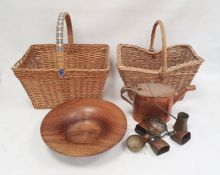 Copper watering can, two baskets, a turned wooden bowl, a microscope and accessories in case and