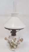 German porcelain oil lamp base shell-shaped form, flower encrusted , supported by cherubs together
