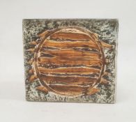 Troika pottery vase of square form with incised architectural and abstract panels, in greens and