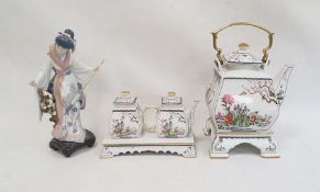Lladro model of a lady with prunus blossom and an umbrella and a Franklin Mint kettle and teapot set
