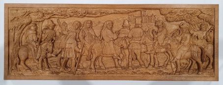 Carved oak panel of the Canterbury Pilgrims by Patrick Conoley depicting figures on horseback in