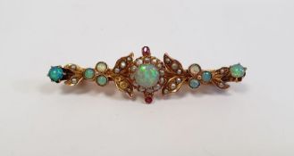 Gold seed pearl and opal set bar brooch leaf decorated, (unmarked), 4.5g in total approx.