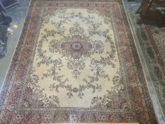 Modern Grosvenor yellow ground rug with foliate decoration, stepped border, 362cm x 275cm, two