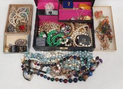 Quantity of costume jewellery, beaded necklaces, pendants, one jewellery box and loose boxes (1 box)