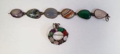 Agate bracelet, the six different agate panels in silver-coloured mounts, marked silver and a brooch