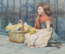 British school,  Watercolour Girl with basket of flowers 23 x 27 cm (torn gallery label verso)
