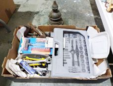 Small kiln, numerous vintage handtools, a dog cage, etc. (5 boxes)