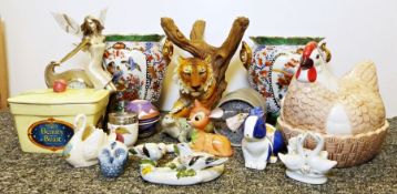 Carved wooden sculpture of dolphins, a pair of Chinese style jardinieres together with further