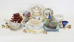 Rosenthal serving dish, a Wedgwood 'Peter Rabbit' plate, various china and glassware, table cloths