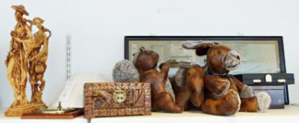 Pair of resin sculptures of Oriental figures, three Lesser and Pavey stuffed animal doorstops, a