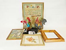 Eumig P8 automatic projector, a glass model of a cockerel, a further resin model of a cockerel and