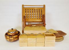 Group of wooden kitchen items to include a bread bin, utensil holder etc.