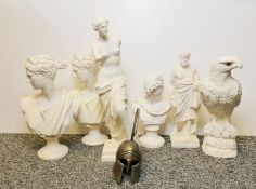 Two modern Greek style vases, resin busts of classical Greek females, numerous animal models (4