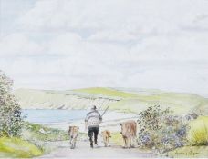 Audrey Cooper  Watercolour  Farmer driving cows, signed lower right Mary Williams Watercolour Town