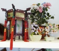 Modern Japanese ceiling light in the form of a pagoda together with three Japanese glass flowers