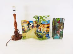 Modern kiln fired glass table light in the form of a village scene, another modern stained glass