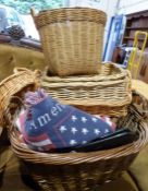 Large wicker basket, a galvanised metal bucket, a cine camera, two brass candlesticks, a wooden