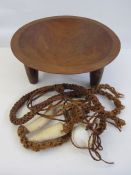 Wooden carved Kava mixing bowl with ceremonial attachments of white cowrie shells, with British