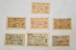 Jersey Occupation currency- £1, 3x 2 shillings, 2x six pence, 1x 1 shilling (7)