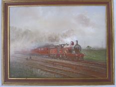 John Mace (20th century school)  Oil on board Study of a train on tracks, 'M.R 1870', initialled