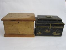 A black tin box painted with ships at sea 39cm x 25cm and a pine box 43.5cm x 27cm approx. (2)