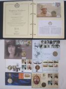 Book of commemorative Elizabeth II nickel £5 and crowns, some with first day cover coins and loose