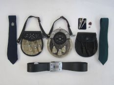 Two Nicol Bros Bankfoot leather, fur and metal sporrans, another without belt in leather with