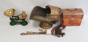 Set of green painted and brass pan scales with weights, copper table-top chest, brass coal bucket