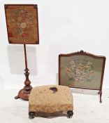 Early Victorian footstool, the lozenge-shaped upholstered top on turned supports to white china