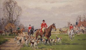 John Sanderson Wells (1872-1955) Pair oils on board Hunting scenes, Huntsmen and hounds on village