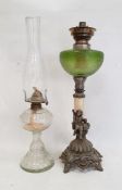 Metal and green glass oil lamp (no shade) and a moulded glass oil lamp with funnel (no shade) (2)