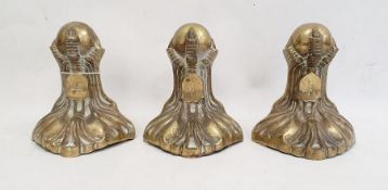 Three brass large foliate claw and ball door porters with shield monogram (3)