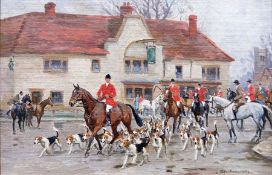 John Sanderson Wells (1872-1955) Set of three oils on board Hunting scenes, Huntsmen and hounds on a