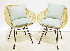 Pair of modern cane tub-type chairs on hairpin supports (2)
