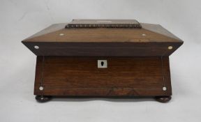 19th century rosewood and mother-of-pearl inlaid jewellery box on squat bun feet and turned rosewood