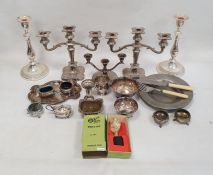 Assorted plated ware including candelabra, christening mug, bowls, salts, fish servers, etc and