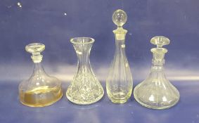 Waterford cut glass carafe, waisted and three modern decanters