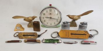 Sundry souvenir teaspoons, 1950s Smiths green metal alarm clock and sundry collectables (2 boxes)