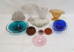Cut pedestal comport, two clear and coloured bowls, a bubble glass vase and other glassware