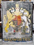 Old Wadworth painted wood double-sided sign with armorial bearings, 123cm x 92cm