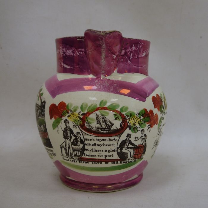 Early 19th century pink Sunderland lustre jug, transfer printed 'A West View of the Iron Bridge at - Image 2 of 6
