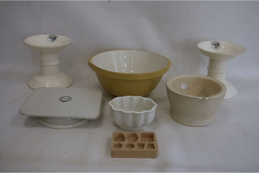 Two G Rushbrooke pottery ham stands, a stoneware mortar with glass pestle, a William Douglas & - Image 1 of 9
