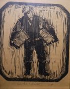 Charles White (1928-1997) ( Welsh )  Pair of linocuts Man with bicycle and man carrying baskets,