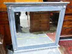 Blue painted shabby chic style overmantel mirror with moulded decoration, 107cm x 100cm